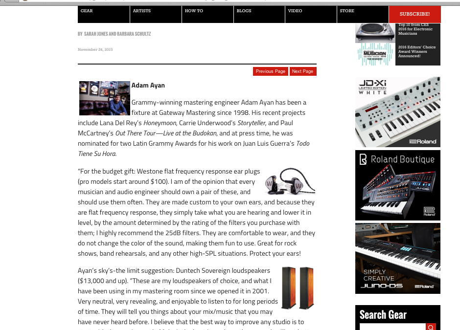 Adam Ayan was interviewed for Electronic Musician’s “Rockstar Holiday Gift Guide”.