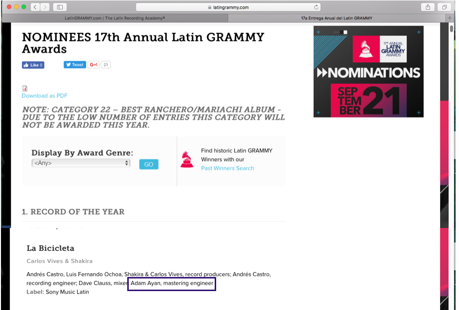 Adam Ayan is nominated for a Latin Grammy!